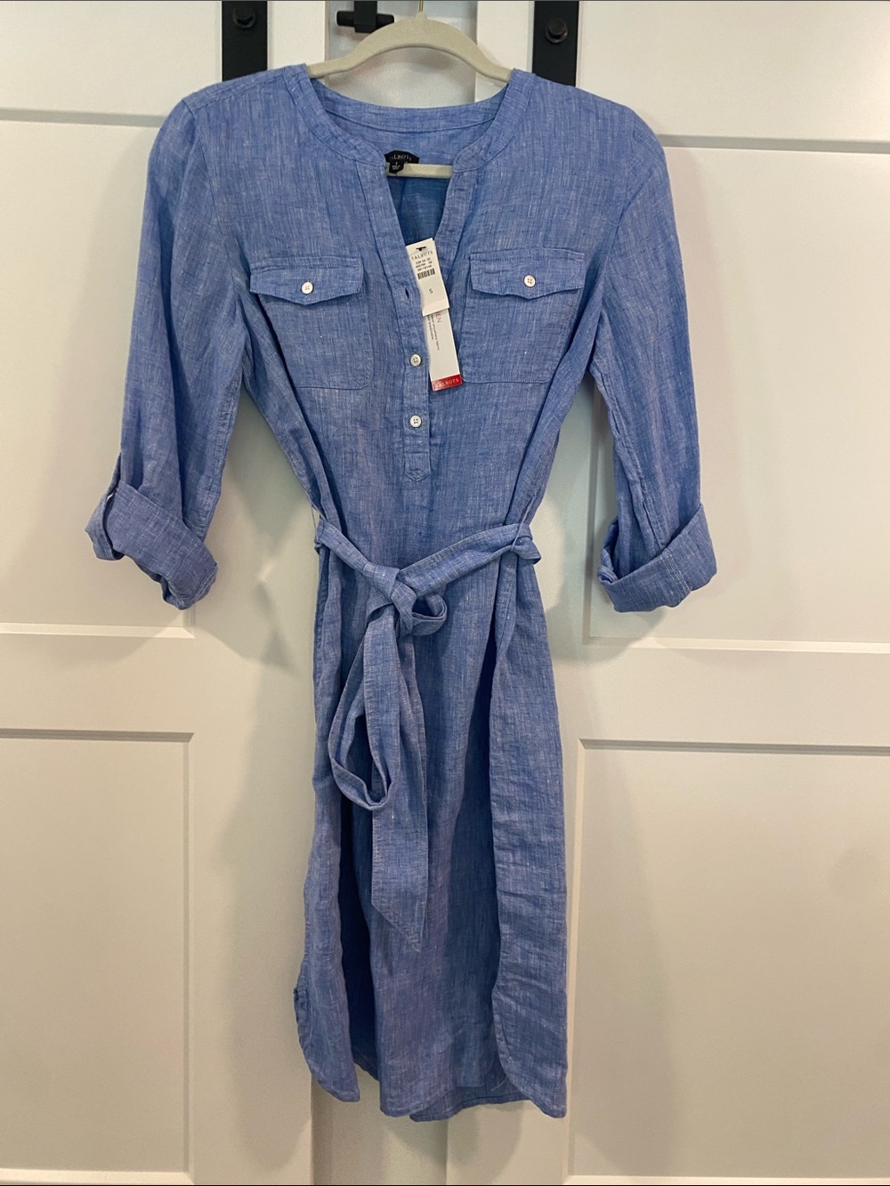 Talbots Light Blue Linen-Blend Midi Shirt Dress with Waist Tie Size Small